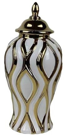 perfk Porzellan-Ingwerglas, Porzellan-Dekorglas, Tisch, Blumenarrangement, Keramik-Ingwerglas-Vase mit Deckel für Büro, Zuhause, Party, Mittleres Weißgold