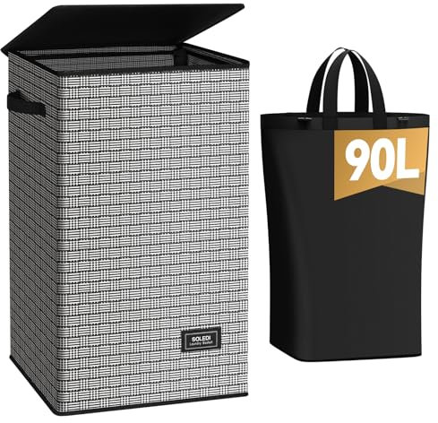 SOLEDI Laundry Basket with Lid Washing Baskets for Laundry, 90L Woven Foldable Laundry Bin for Bedrooms, Beautiful and Stylish Storage Basket (Black White Weave)