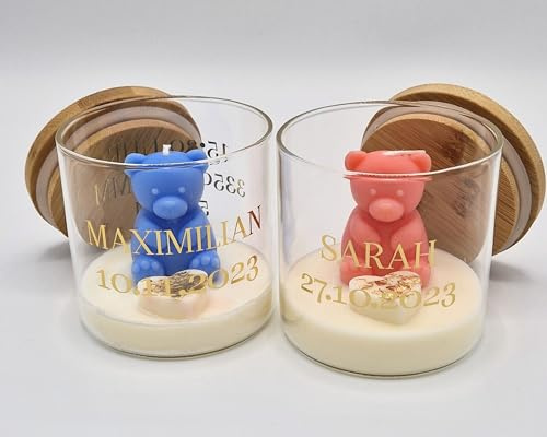 Personalisierte Kerze zur Geburt Teddybär im Glas Geschenk zur Taufe mit Name und Datum Babykerze Geburtskerze Taufkerze