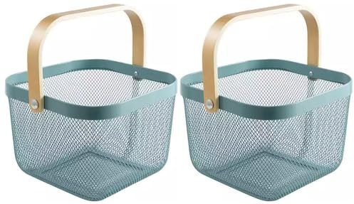 Sarmini 2er-Set Obstkorb für Küche Theke Aufbewahrungskorb Erntekorb mit Griff Gemüsekorb Rechteck Metall Mesh Korb (Blau, Quadrat)