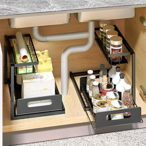 AIQII 2 Stück Metall Unter Waschbecken Regal, 2 Etagen Gewürzregal Stehend Spülenunterschrank organizer mit Schublade für Küche, Badezimmer, Bad, Schrank, Küchenschrank