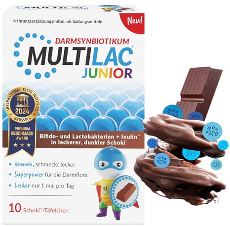 MULTILAC DARMSYNBIOTIKUM Junior mit 10 Schoki-Täfelchen. Enthält ausgewählte Bifido- und Lactobakterien mit Inulin und 1 Mrd. Bakterien. Zuckerfrei, glutenfrei, laktosefrei. Nur 1x täglich.