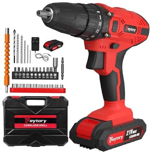 21V Cordless Power Drill, Cordless Screwdriver Drill Set 45Nm Power Tools Electric Drill Driver, 25+1 Torque, 2 Speed, LED Light, 29 Accessories Battery Combi Drill Kit for DIY - Red(1 Battery)