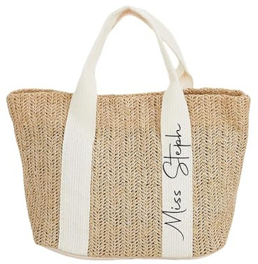 Personalizada Bolso De Playa De Paja Con Nombre, Mujer Bolso De Mano De Paja, Bolso De Hombro Tejido Para Vacaciones De Verano Para Bodas, Viajes, Vacaciones(Beige)