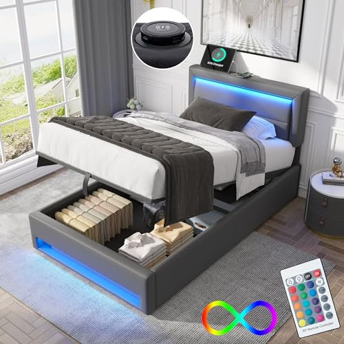 Bett 90x200 mit LED und USB(Unterstützt Kabelloses), Polsterbett 90x200cm mit Kopfteil und Stauraum, Einzelbett mit Lattenrost, Stauraumbett Jugendbett Modernes Bettgestell aus PU -Grau