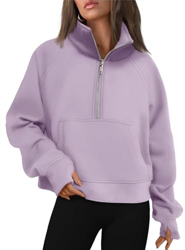 AUTOMET Felpe da donna con mezza zip, pullover ritagliato in pile quarto con cerniera felpe con cappuccio abiti autunnali vestiti foro per il pollice, Viola chiaro., X-Large
