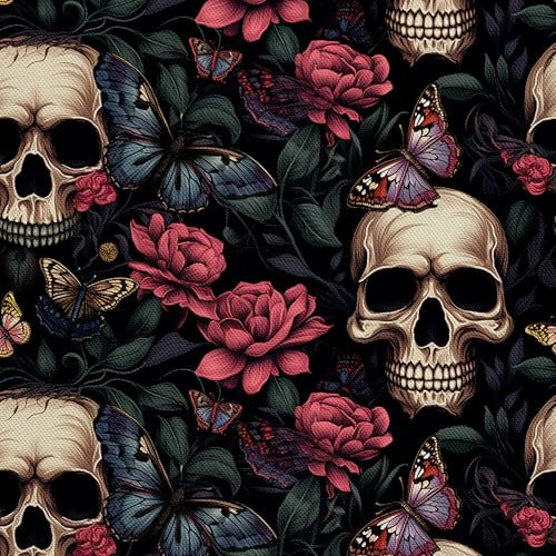 HEKO PANELS Stoff Oxford Wasserdichte Meterware Canvas-Stoff Polyester Stoff Zum Nähen Nähstoffe Dekostoffe Wasserabweisend Blickdicht Schädel Rosen 2 Meter 155 x 200 cm