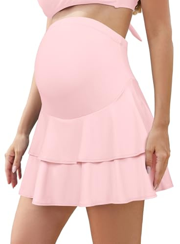 SHEKINI Donne Increspature Vita Alta Premaman Swim Gonna Built-in Pantaloncini con Tasche