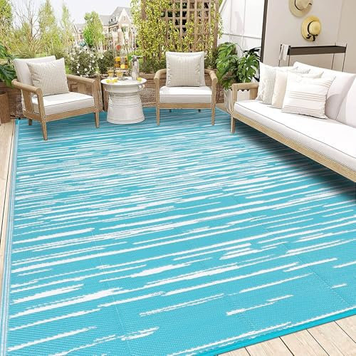 SHACOS Outdoor Teppich Wetterfest Türkis 150x240 cm Außenteppich Balko Teppich Waschbar Picknickdecke Wendbar UV-beständig Kunststoffteppich für Terrasse Camping Garten Pool