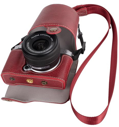 VOVMOEYA Protective Camera Case for Fujifilm XM5 Mirrorless Camera,Fuji X-M5 Camera Case Fuji XM5 Half Case with Front Cover with Shoulder Strap Full Protection Snap Button-RED
