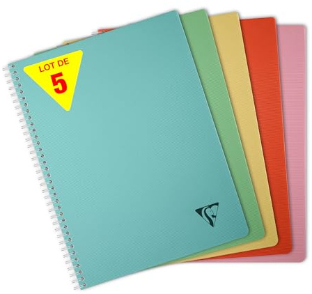 Clairefontaine 327126Cpack - Packung mit 5 Spiralbücher Linicolor Essence, DIN A4, 90 Blatt kariert 90g, Einband aus PP, farbig sortiert, 5 Stück