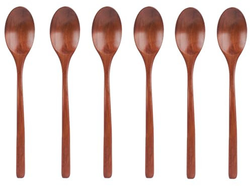 6pcs Wooden Spoons, 9.25 Inch Long Handle Wood Soup Spoons for Eating Cooking Mixing Stirring Honey Coffee Tea Jam Table Spoons Kitchen Utensils for Serving Home Office