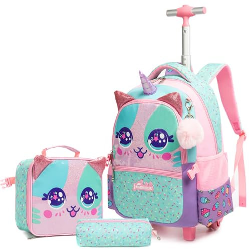 Egchescebo Zaino con Rotelle Bambina Trolley Animale Zainetto Asilo Scuola Elementare Primaria 17” 3PCS Borsa Pranzo Portamatite Media Carrello Ruote Valigia Ragazza per Rullo Valigia da Viaggio Rosa