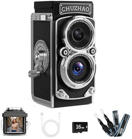 CHUZHAO Mini Retro Digital Camera - Vintage TLR Style Point and Shoot Auto Focus Vlogging Camera, Compact & Portable, 16GB Card Included, Ideal for Beginners, Teens, Kids and Adults
