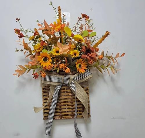 Whemyreat Herbstkranz für Haustür, Künstliche Herbstdeko Türkranz mit Sonnenblumen und Weizenähren,Wandkranz,Geschenk für Fall Decor Thanksgiving Halloween Kranz,für Heimdekoration