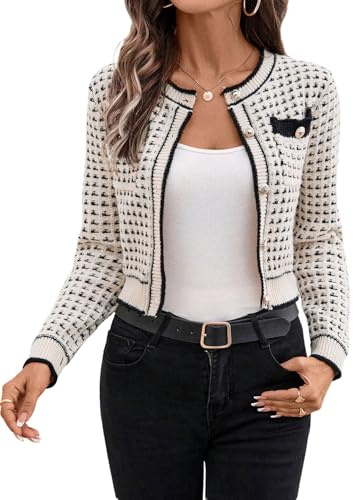 GORGLITTER Damen Kariert Cardigan Elegant Cropped Strickjacke mit Plaid Muster Rundhals Strickmantel mit Taschen Dünne Jacke Outwear Pullover Schwarz und Weiß XL
