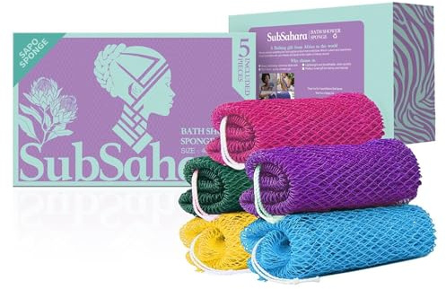 SubSahara African Net Sponge Authentic - 5 Pieces Gentle Exfoliating Scrubber for All Skin Types, Bath Sponge for Face & Body, Travel Portable