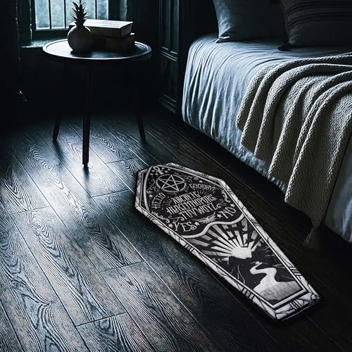 Lumirug Coffin Shaped Plush Rug Gothic Tattoo Style Floor Mat Alternative Halloween Decor Nonslip Machine Washable Soft Accent Carpet 40x80 cm