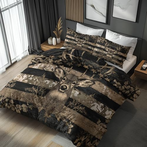 Generisch Hirsch Bettwäsche 135x200 Jagd Motiv 2tlg, Weiche Mikrofaser Bettbezug & 1 Kissenbezug 80x80, Wendebettwäsche für Schlafzimmer Deko, Geschenke (T43)