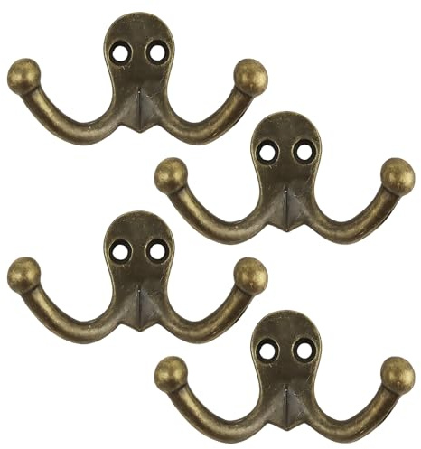 KxrTpx 4 Heavy Duty Coat Hooks, Brass Double Hooks for Wall and Door, Antique Brass Coat Hook with Zinc Alloy Construction, 80 x 10mm Vintage Coat Hooks for Hanging Coats, Towels and Hats