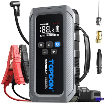 TOPDON Jump Starter Power Pack with Air Compressor, V2200Air Car Battery Booster Pack Car Jump Starter Power Bank with Jump Leads, LCD Screen, 4 Mode Emergency Lights