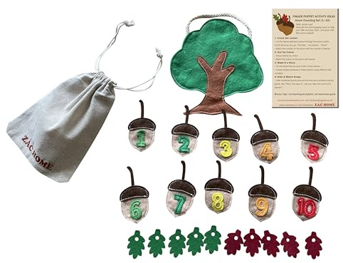 ZAC HOME Autumn Acorn Number Learning Set, 1-10 Felt Acorn Finger Puppets with Tree Storage Bag, Educational Counting Toy for Ages 3+