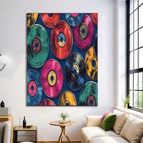 Großes Vintage Vinyl Schallplatte Leinwand Gemälde, 70Er Jahre Ästhetik Bilder Wandkunst, Marineblau Leinwand, Wandkunst, Moderne Druck Poster Wanddekoration Für Zuhause, 70X100Cm, Rahmenlos