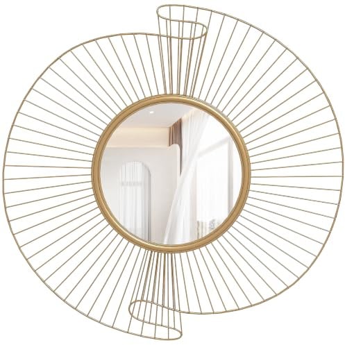 HOMCOM Decorazione Murale Specchio da Parete Rotondo, 60x60 cm Oro | Specchiera Moderna con Strisce in Metallo e Design Plissettato, Wall Art per Soggiorno, Camera e Ingresso