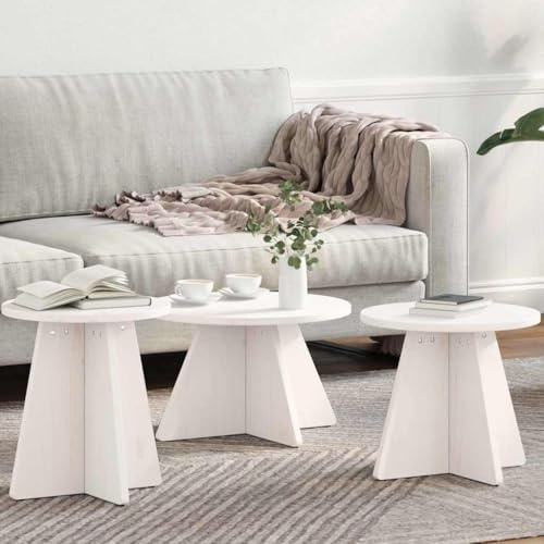 FWIKDUN Table basse en pin massif avec grain de bois naturel - Table basse ronde rustique en pin pour salon - 3 pièces - Design rustique - Blanc