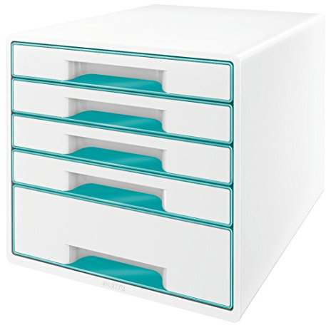 Leitz CUBE Schubladenbox mit 5 Schubladen, Weiß/Eisblau, A4, Inkl. transparentem Schubladeneinsatz, WOW, 52142051