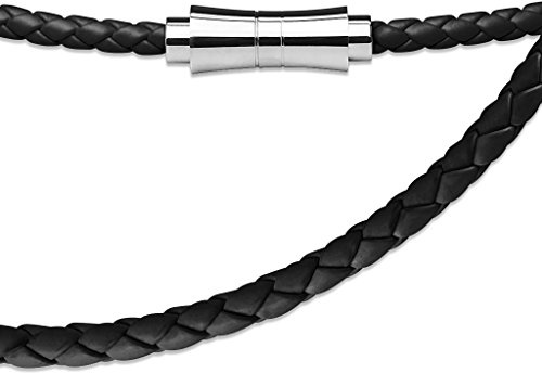 BlackAmazement Leder Kette Band Halskette 4 mm weiß schwarz Magnetverschluss Herren Damen (Schwarz)