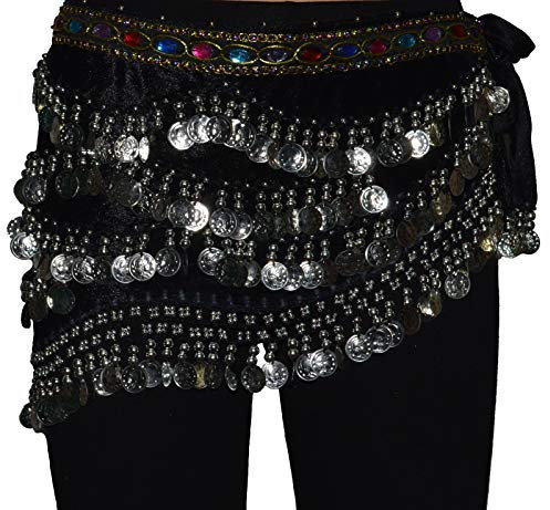 Tanzbekleidung & Accessories Bauchtanz Münzgürtel Samt Hüfttuch Belly Dance Bauchtanzgürtel Karneval Münzen (Schwarz mit silbernen Münzen)