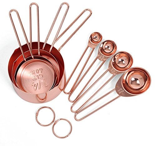 WOVELOT Rose gold Steel Measuring Cups and Spoons set of 8 Engraved Measurements,Pouring Spouts & Mirror Polished for Baking and Cooking