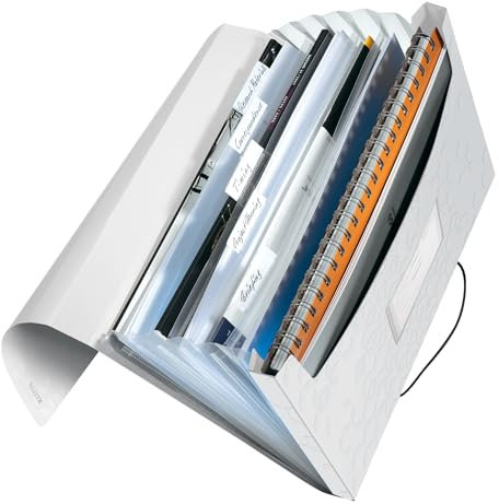 Leitz A4 Projektmappe für bis zu 200 Blatt, 6 Fächer mit Taben zur Ordnung des Inhalts, Gummibandverschluss, Perlweiß, WOW, 45890001