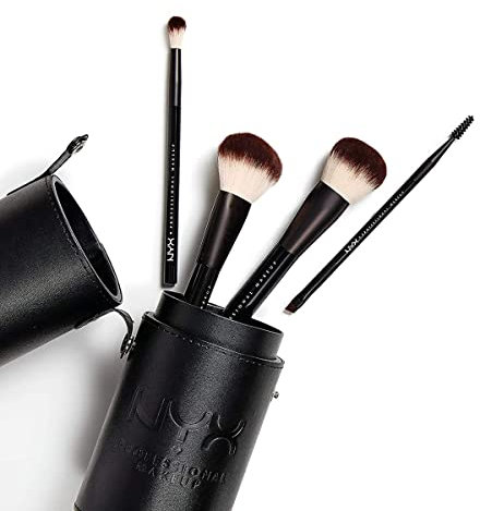 NYX Professional Makeup Brush Set Premium Synthetisches Gesichtspuder Blending Blush Lidschattenpinsel Makeup Brush Kit mit Pinselschale (4 Stück, schwarz)