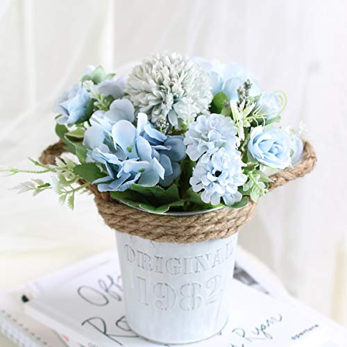 Leixi Artificial Hydrangea Flowers Plants With Pot, 11 × 20cm Fake Plants in Metal Pot, Silk Roses Flowers for House Office Desk Kitchen Table Windowsill Decoration, New House Gift (Light Blue)
