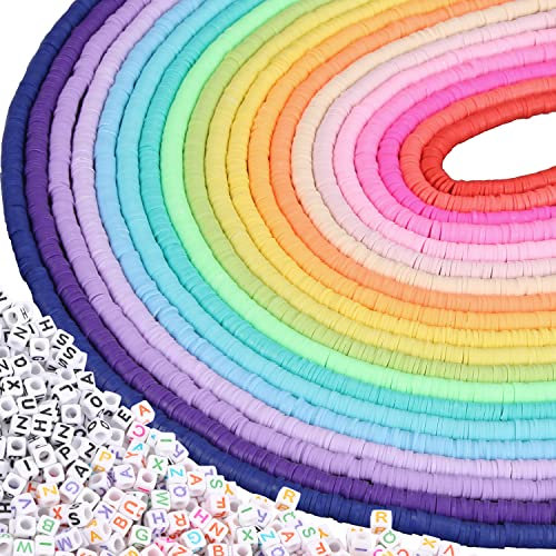 6700 Pcs Colorful Flat Clay and Alphabet Beads for DIY Polymer Colorful Round Handmade Heishi Jewelry Making Beads for Necklace Bracelet Earring Pendant and Anklet Craft (20 Strands 6mm)