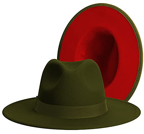 Fedora-Hüte mit breiter Krempe für Damen und Herren, klassisches Kleid, Panamahut, verstellbarer Filzhut mit Band, Armeegrün, Rot, grünes Band, Large