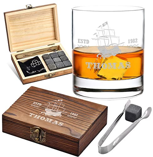 5-TLG Whisky Steine Set personalisiert - 9x Eiswürfel, 1x Holzkiste, 1x Zange, 1x Whiskyglas und 1x Stoffbeutel - wiederverwendbar - ohne verwässern genießen - Rum, Whisky, Bourbon - Motiv Schiff