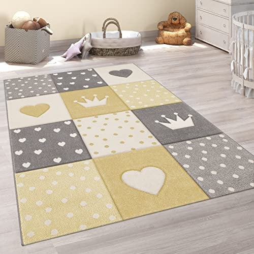 Paco Home Teppich Kinderzimmer Junge Mädchen Kinderteppich Spielteppich Kurzflor 3D Optik Pastell Punkte Herzen Krone, Grösse:120x170 cm