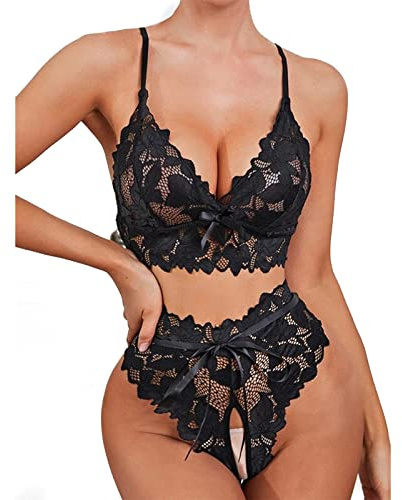 ROSVAJFY Sexy Floral Lace Lingerie Set for Women Naughty See-Through Mesh Babydoll Underwear 2 Piece V Neck Bra and Panty Hollow out Crotch Nightwear Ladies Strappy Bow Pyjamas for Valentines