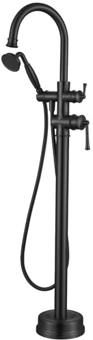 Hangoro Freistehender Badewannenfüller, mattschwarz, Bodenmontage, Badewannenarmatur mit Messing-Handbrause, Vintage-2-1-Funktion, Wannenarmatur für Badezimmer (B2311-BK)