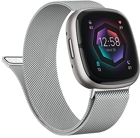 Vanjua Metallband für Fitbit Sense 2/Sense Armbänder, Fitbit Versa 4/Versa 3 Bänder Damen Herren, Edelstahl Mesh Magnet Ersatz Armband Kompatibel für Fitbit Sense 2/Versa 4 Smartwatch (groß, silber)