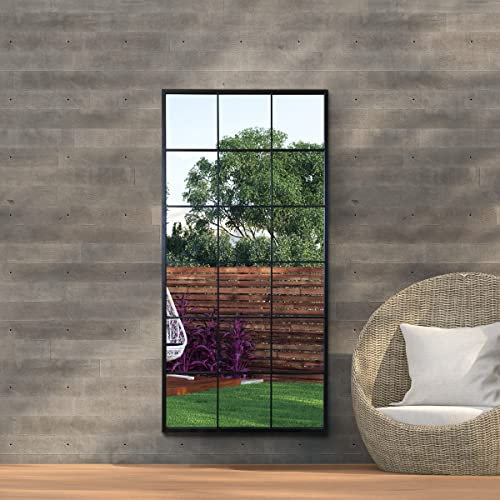 MirrorOutlet The Genestra - Black Modern Window Garden Full Length Wall Mirror 69 X 33 (174CM X 85CM) Silver Mirror Glass with Black Metal Frame