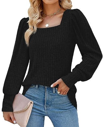Aokosor Womens Long Sleeve Tops Ladies Square Neck Jumpers Puff Sleeves Sweatshirts Black Size 14-16