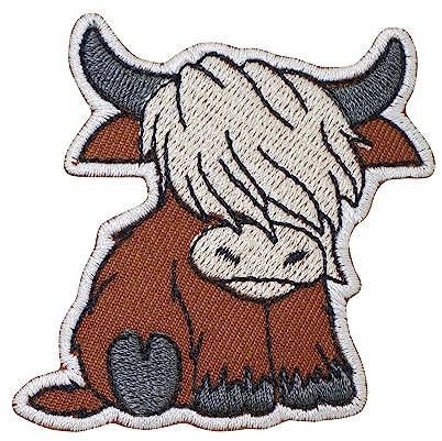 CHICHL Highland Cow Aufnäher zum Aufbügeln, bestickt, 1 Stück, rund, Cartoon-Muster, braun, Dekorativ, zum Aufbügeln oder Aufnähen, für Kleidung, Jacken, T-Shirts, Hüte, Rucksäcke, Jeans oder Hosen