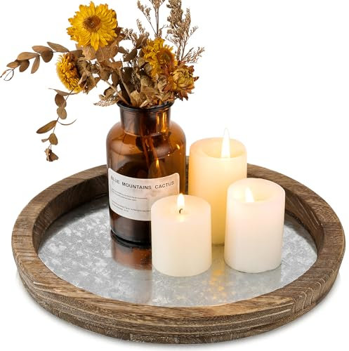 Hanobe Kerzentellerhalter-Tablett: Rundes Holz-Dekorationsspiegel-Kerzen-Tablett, kleines Landhaus-Tisch-Dekoration, rustikale Teelicht-Pfeiler-Tabletts für Weihnachten, Hochzeiten, Halloween und