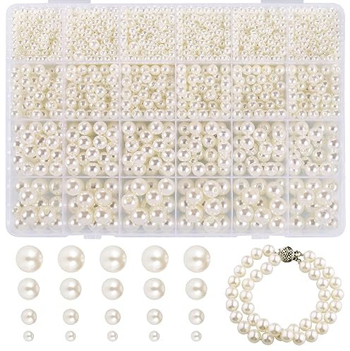 Zocipro 1890 Stück Weiße Perlen zum Auffädeln,Perlmutt Perlen,Weiss Runde Deko Perlen 10/8/6/4 mm für Drahtsterne Armbänder Halskette Schmuckherstellung Handwerk Dekor,Glasperlen für Jewelry Making