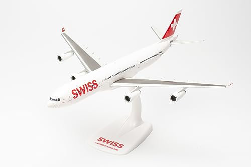 herpa Snap-Fit Modellflugzeug Swiss International Air Lines Airbus A340-300 – HB-JMI “Schaffhausen, Miniatur im Maßstab 1:200, Sammlerstück, Modell mit Standfuß, Kunststoff