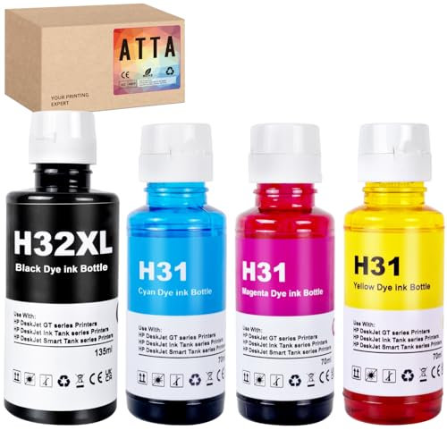 ATTA 31 32XL Ink Bottle Set Replacement for HP 32XL 31 Ink Work for Smart Tank 7005 5107 7301 7001 7602 5000 5101 5102 Plus 651 551 455 457 450 All-in-One Ink-Tank (135ML 32XL Black, 70ML 31 Color)